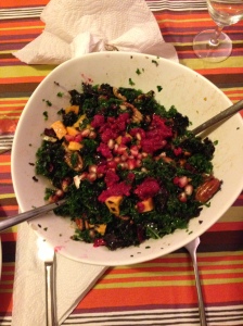 A fall salad of my own devising: kale, sweet potato, pecans, dried cranberries, pomegranate seeds, and an olive oil lemon dressing.